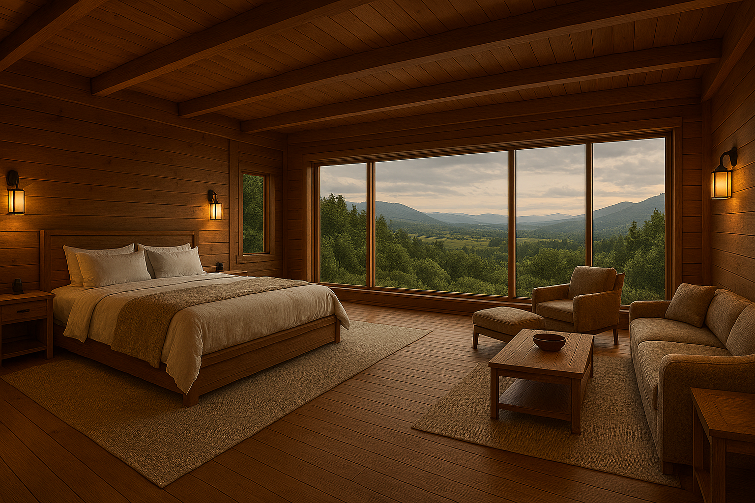Master suite with timber walls and natural lighting