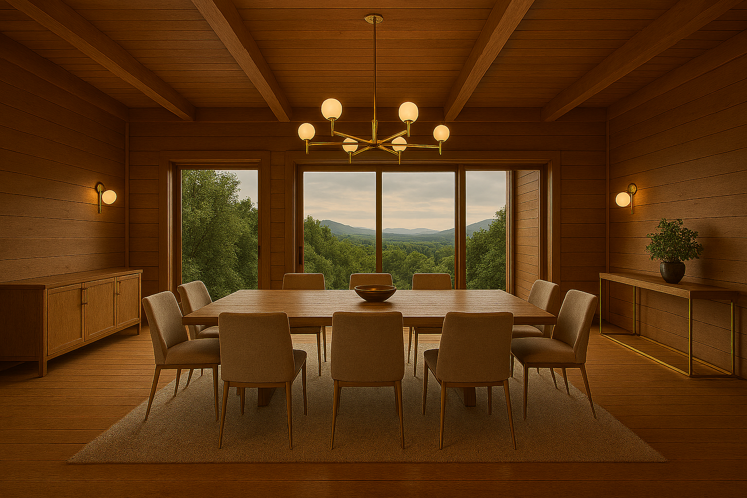Spacious dining area with wooden table