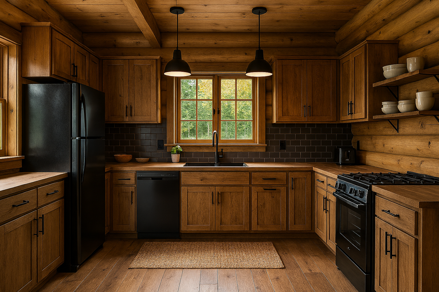 Fully equipped modern kitchen with wooden accents