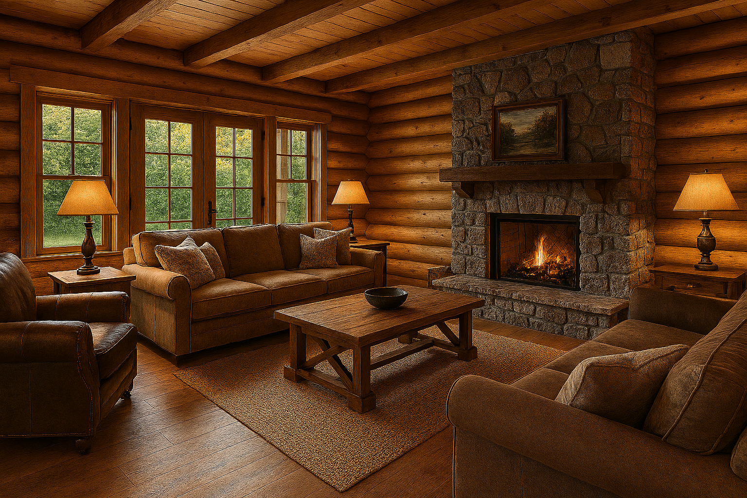 Living room with fireplace and comfortable seating